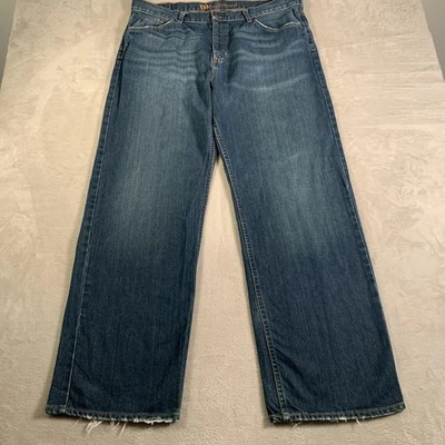 Pantalones de mezclilla Bullhead para hombre 38x32 azul Belmont calce relajado pierna recta dobladillo deshilachado Foto 1 de 4