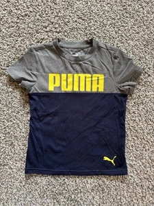 PUMA Boys Size 4 Pullover T-Shirt Blue Gray Yellow Logo Short Sleeve Stretch - Picture 1 of 9