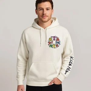 Keith Haring weißer Hoodie tanzende Figuren Grafik Pullover Kunst Sweatshirt Large - Bild 1 von 10