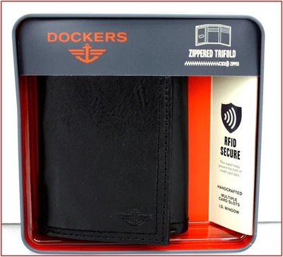 Dockers Men's LEATHER TRIFOLD Wallet - ZIPPER Area RFID Photo ID - BLACK 🌟NEW🌟 - Image 1 of 4
