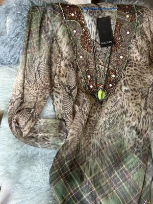 MALVIN Strand Kleid 38 100% Seide NEU 170€ Grün Beige Bunt Tunika Pailleten  - Bild 1 von 4