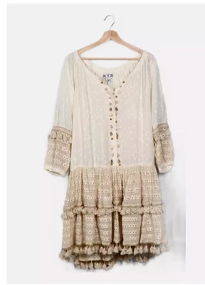 Boho NJ Couture Peasant Cotton Sea Shells embellished Lace Midi dress size L - Image 1 of 4