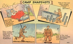 Instantáneas Campamento Soldados Cambiando en el Ejército Boot Camp Cómic Lino Postal - Imagen 1 de 2