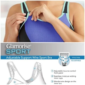 Glamorise UNDERWIRE SPORT Bra (Adjust Support Low-High-Impact) Wicks! Purple NEW - Picture 1 of 24