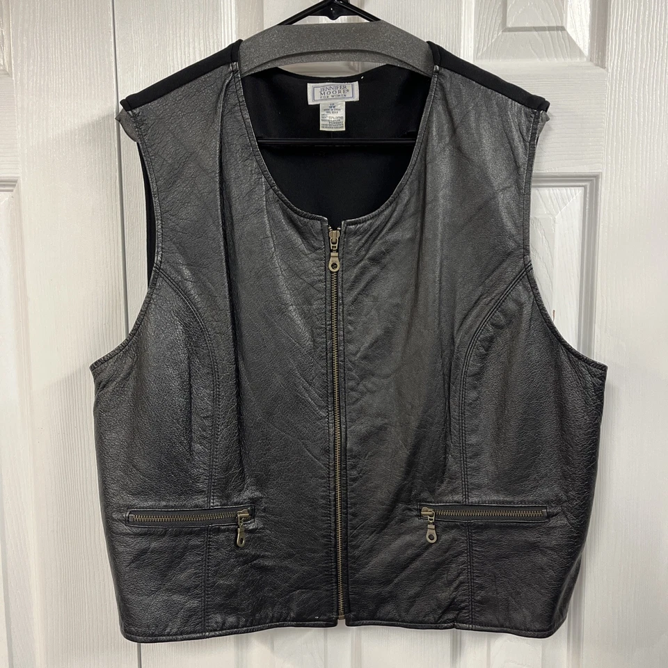 JENNIFER MOORE Size 18W Black Leather Vest, Dk Brass Zippers Nylon Back Women's - Image 1 of 4