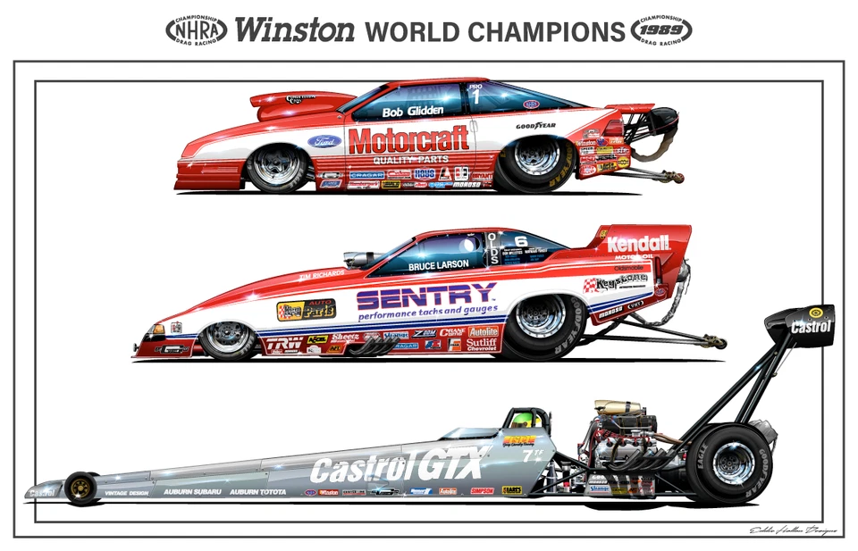 Póster del Campeonato Mundial de la NHRA 1989 renderizado impresión lateral 28X18" Foto 1 de 2