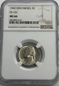 1942 NGC DDO FS-101 MS66 DOUBLE DIE JEFFERSON SILVER NICKEL 5C UNCIRCULATED - Picture 1 of 3