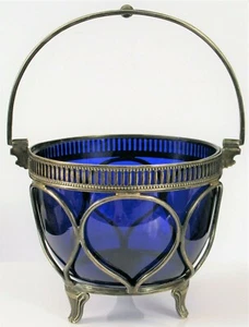 ANTIQUE SILVER PLATED BLUE COBALT GLASS BOWL POSSIBLY PAIRPOINT ? BEAUTIFUL ! - Picture 1 of 4