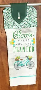 "BLOOM WHERE YOU ARE PLANTED" GREEN & WHITE FLORAL PRINT HANDMADE HANGING TOWEL - Picture 1 of 7