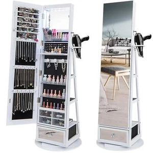 360° Lockable Swivel Jewelry Cabinet Floor Standing Armoire w/Full-Length Mirror - Picture 1 of 47