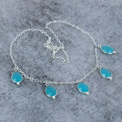 Aqua Chalcedony Gemstone Jewelry 925 Sterling Silver Necklace Gift For Her - Image 1 of 4