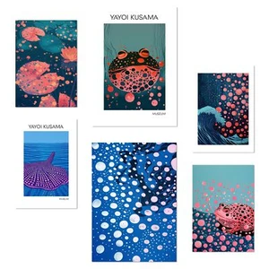 nacnic Set of 6 Yayoi Kusama Fish Water Nature Blue Japanese Posters with des... - Picture 1 of 6