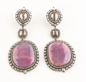 18k Gold Rhodium Oxidized Ruby with Single & Rose Cut Diamond Dangle Earrings - Picture 1 of 3