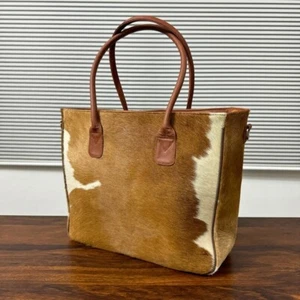 Cowhide Hair-On Leather Tote Bag Genuine Fur Western Style Brown White Handbag - Picture 1 of 8