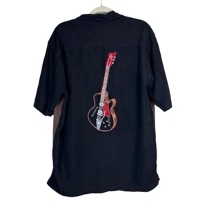Tori Richard Mens Silk Shirt Embroidered Guitar Black Brown Two Tone Music Sz M - Picture 1 of 6