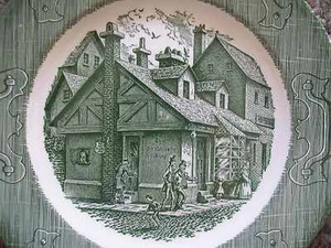 2 Royal China THE OLD CURIOSITY SHOP GREEN *10" DINNER PLATES* - Picture 1 of 4