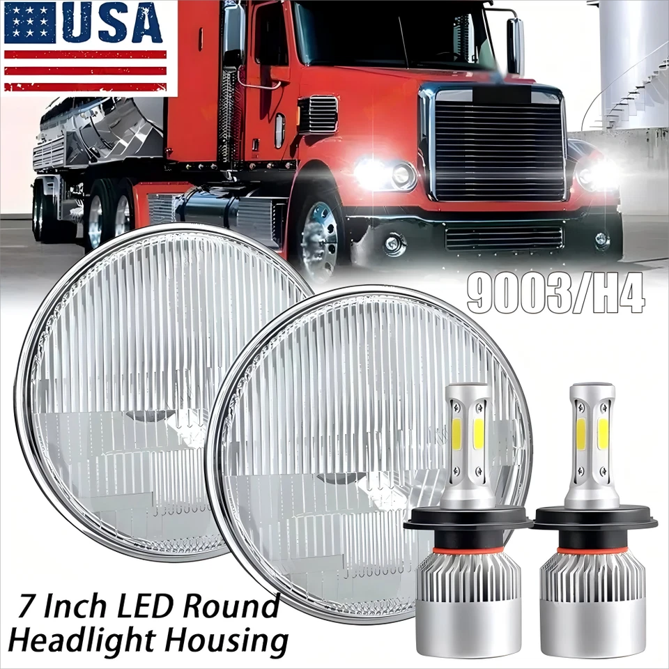For Freightliner Coronado 7'' Inch Round GLASS LED Headlight Bulbs High Low Beam - Image 1 of 4