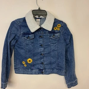 Gymboree Girls Jacket SZ 12 Denim Fleece Embroidered Bomber Flower Power Boho - Picture 1 of 9