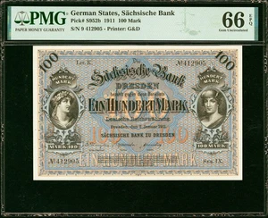 Germany Sachsische Bank 100 Mark 1911 Pick-S952b GEM UNC PMG 66 EPQ - Picture 1 of 2