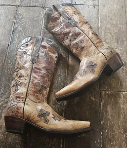 Botas de Vaquero Cowboy Pro Vintage Cuero Tostado Enloquecido/Detalle Cruzado, Reino Unido s.8.5/Unisex - Imagen 1 de 18