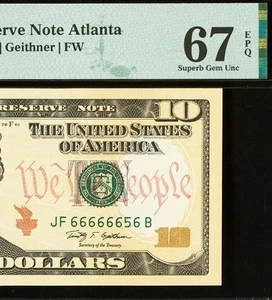 2009 $10 Federal Reserve Note PMG 67EPQ Near Solid Serial Number 66666656 - Picture 1 of 3