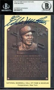 Eddie Mathews Beckett BAS Signed Gold Hall of Fame Plaque Postcard Autographed - Picture 1 of 2
