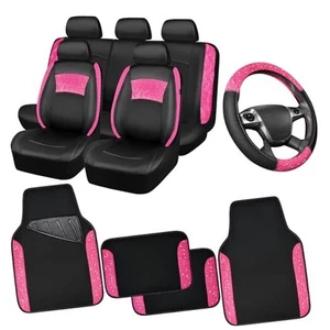 CAR PASS Universal Leder Rosa Spitze Autositzbezüge Voll Schwarz und Hot Pink - Bild 1 von 7