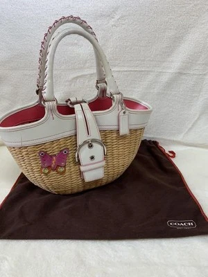 Bolso de mano Coach de cuero de paja rosa blanco tejido bolso de verano cartera MBb0442 Foto 1 de 4