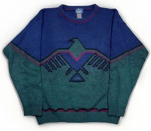 80s Woolrich Aztec Wool Sweater Mens L Thunderbird Eagle Bird Blue & Green VTG - Picture 1 of 7