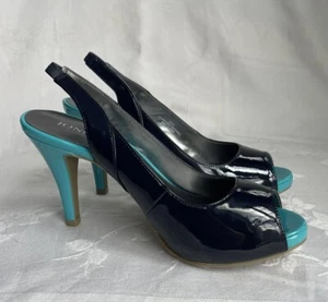 Jones Studio Pumps Heels 7 Slingback Peep Toe Turquoise Navy Patent Platform NIB - Picture 1 of 12