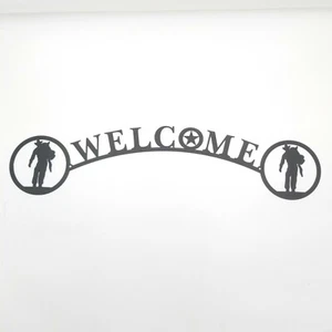 Cowboy Carrying Saddle Welcome Sign Metal Lodge Cabin Home Decor Ranch - Picture 1 of 4