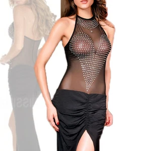 vestito lungo abito strass cuore vestitino donna nero spacco red carpet - Foto 1 di 4