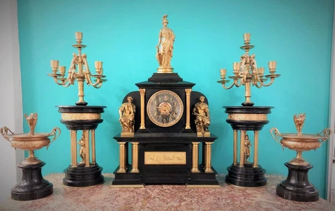 ANTIQUE MONUMENTAL PARIS SIGNED 5 PIECE GARNITURE  CLOCK ORMOLU BRONZE MARBLE Cover