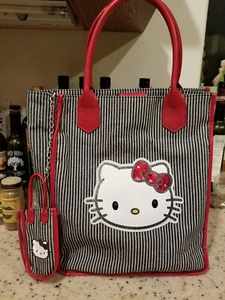 Sanrio Hello Kitty Blue Denim Stripe Tote Bag Red Trim-Casual Handbag - Picture 1 of 8