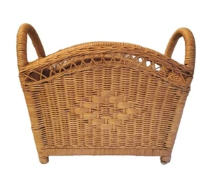 Vtg Wicker Magazine Basket Record Holder Organizer Diamond Shape Accent Handles - Picture 1 of 19