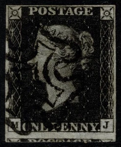 1840 1d Nero Pl 5 MJ 4m Nero Croccante MX Enorme alla Base VFU Cat. £375,00 - Foto 1 di 1
