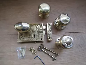 SOLID BRASS Door rim knob & rim lock vintage victorian cottage door pull handles - Picture 1 of 5
