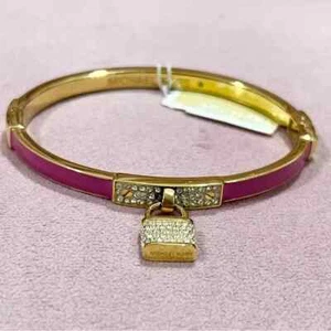 Nwt Michael Kors Gold Tone And Purple Enamel Pave Padlock Hinged Bangle Bracelet - Picture 1 of 8