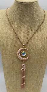 Kirk’s Folly Rose Gold Moon Pendant Necklace With Tassel And AB Rhinestones 32”L - Picture 1 of 4