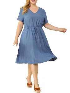 Agnes Orinda Women's Plus V Neck Short Sleeve A-Line Denim Blue Dresses, Size 2X - Picture 1 of 3