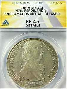  Peru 1808 8R-sized Proclamation Silver Medal Ferdinand VII ANACS EF 45 Details - Picture 1 of 4