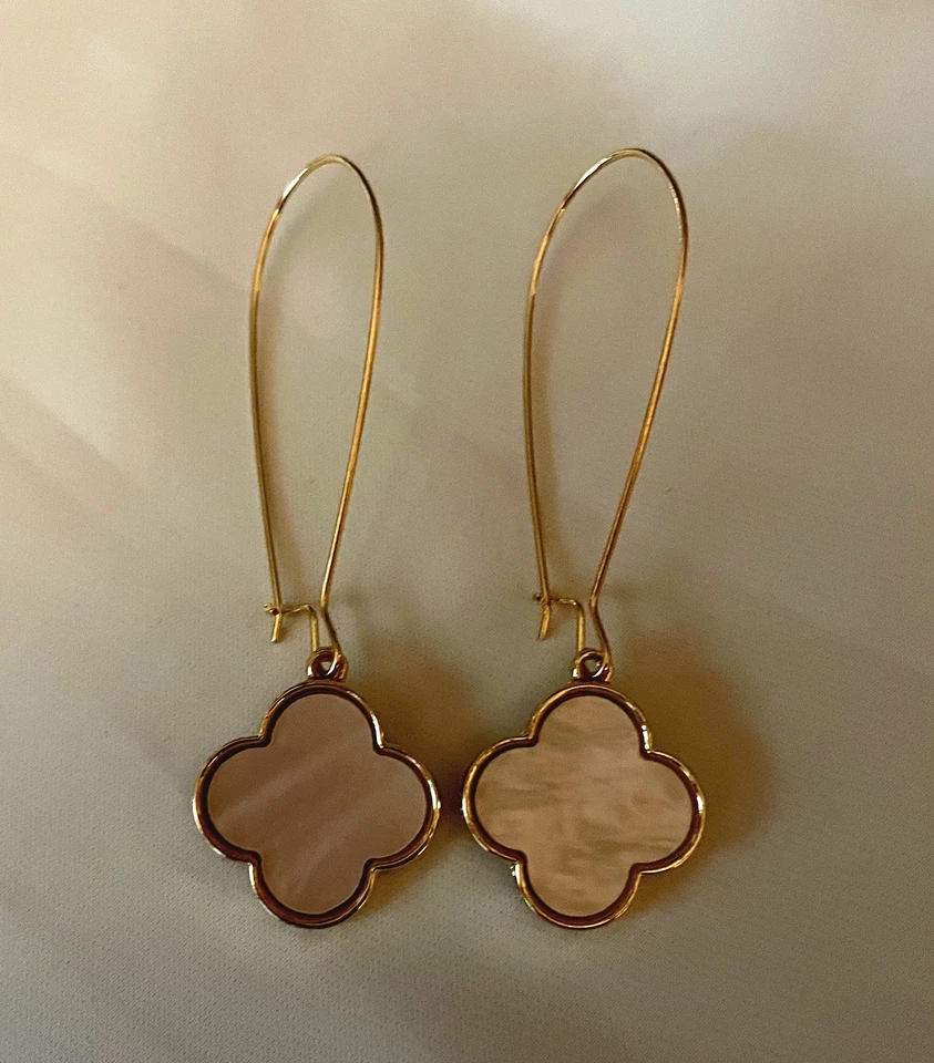 Gold Tone  Dangle Earrings with Mother of Pearl Colored Quatrefoil Ornament - Image 1 of 4