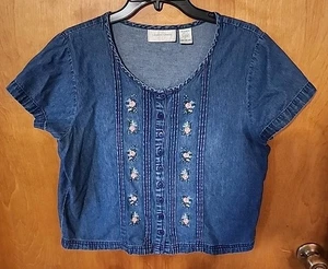 Vtg Lemon Grass PL 100% Cotton Denim Pintuck Floral Embroidered Button Up Shirt - Picture 1 of 12