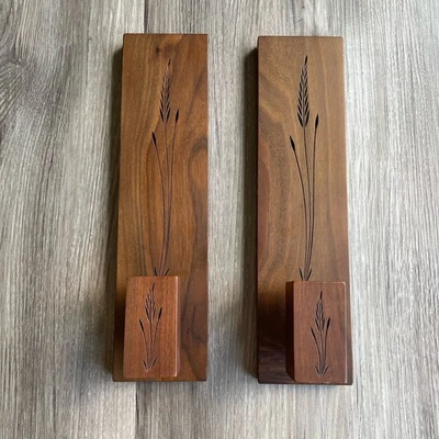 Juego de dos candelabros de madera para colgar en la pared trigo grabado MCM Foto 1 de 4