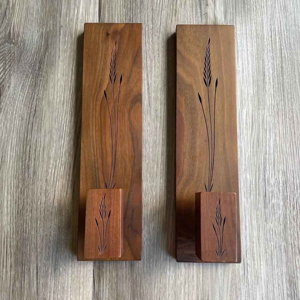 Juego de dos candelabros de madera para colgar en la pared trigo grabado MCM Foto 1 de 4