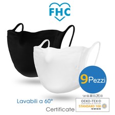 9 pezzi protezione naso bocca lavabili 60° con tasca riutilizzabili Bianca-Nera