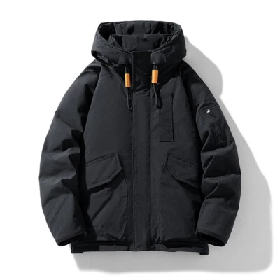 Trendy Men's Short Down Jacket Winter Warm Puffer Jacket Casual Button Hood Coat - Image 1 of 4