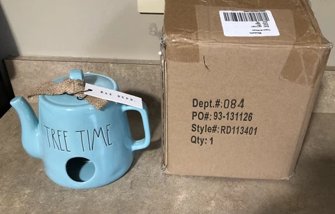 RAE DUNN Aqua TREE TIME Tea Pot BIRDHOUSE BY MAGENTA New In Box Cover