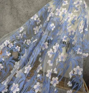 1 yard Lace Fabric Ivory Tulle Blue Flower Floral Embroidery Exquisite Bridal We - Picture 1 of 9