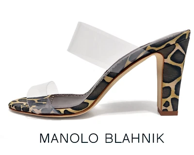 Manolo Blahnik Scolto Negro Estampado Leopardo Gamuza Mujeres 7 EE. UU. Sandalias Mula Hechas a Mano Foto 1 de 4